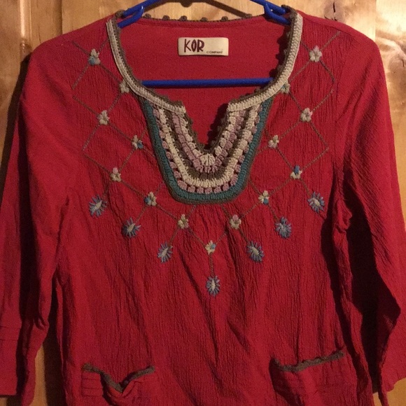 Anthro KOR Company Red Embroidered Multi-Color Yoke Style Boho Top EUC XS - Picture 5 of 6